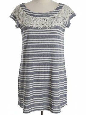 Doe & Rae Grey Stripe Lace Yoke Tunic Dress Boho Cap Sleeve Size S